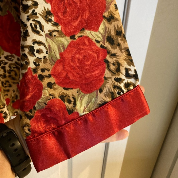 Silk Satin Pajama Set, Leopard Print, Red Roses, Animal Print, Red, Brown, Beige - Picture 7 of 9